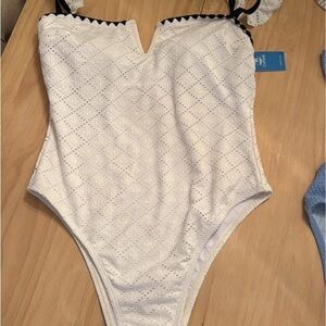 Chic White Eyelet Swimsuit with Black Trim